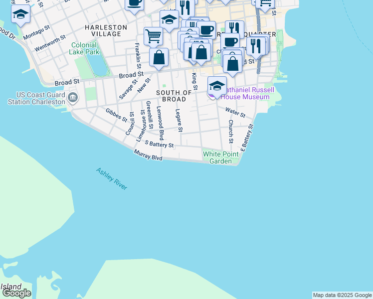 map of restaurants, bars, coffee shops, grocery stores, and more near 51 South Battery in Charleston