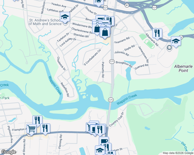 map of restaurants, bars, coffee shops, grocery stores, and more near 12 Palmetto Road in Charleston