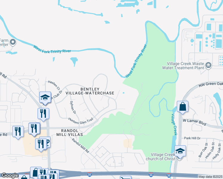 map of restaurants, bars, coffee shops, grocery stores, and more near 8945 Waterchase Drive in Fort Worth