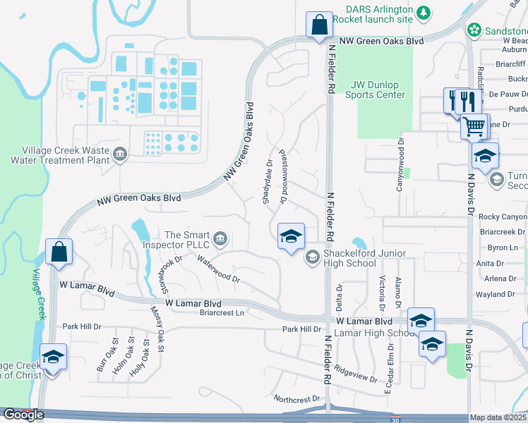 map of restaurants, bars, coffee shops, grocery stores, and more near 2202 Shadydale Drive in Arlington