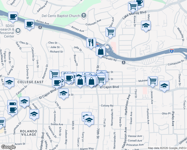 map of restaurants, bars, coffee shops, grocery stores, and more near 6975-77 Saranac Street in San Diego
