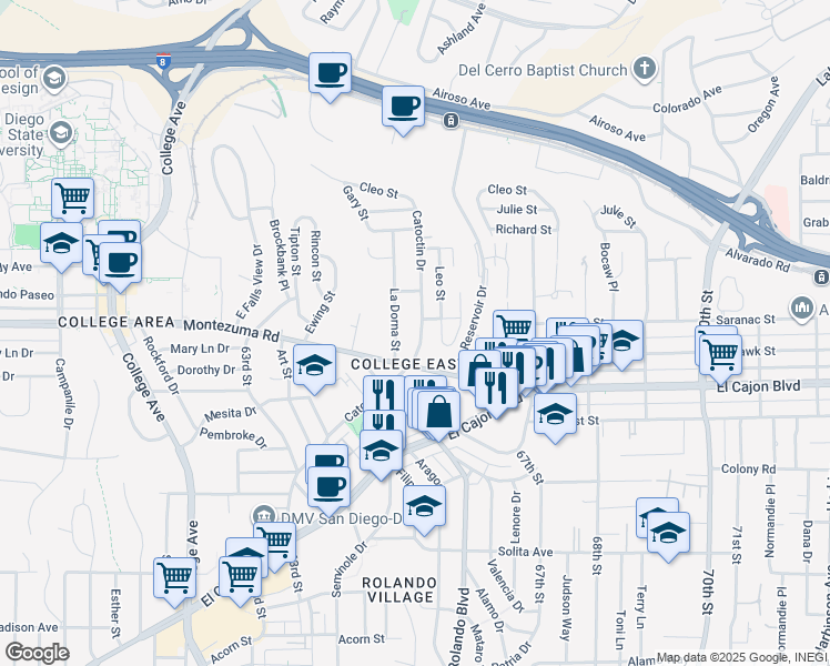 map of restaurants, bars, coffee shops, grocery stores, and more near 5045 La Dorna Street in San Diego