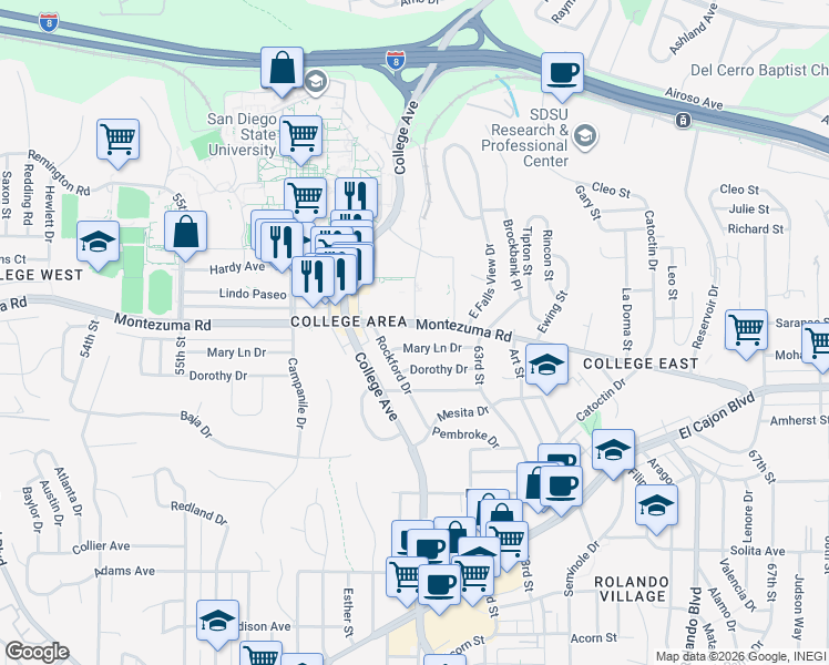 map of restaurants, bars, coffee shops, grocery stores, and more near 6149 1/2 Montezuma Road in San Diego