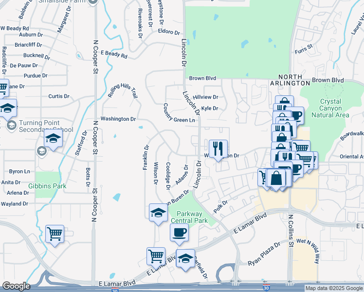 map of restaurants, bars, coffee shops, grocery stores, and more near 549 Franklin Drive in Arlington