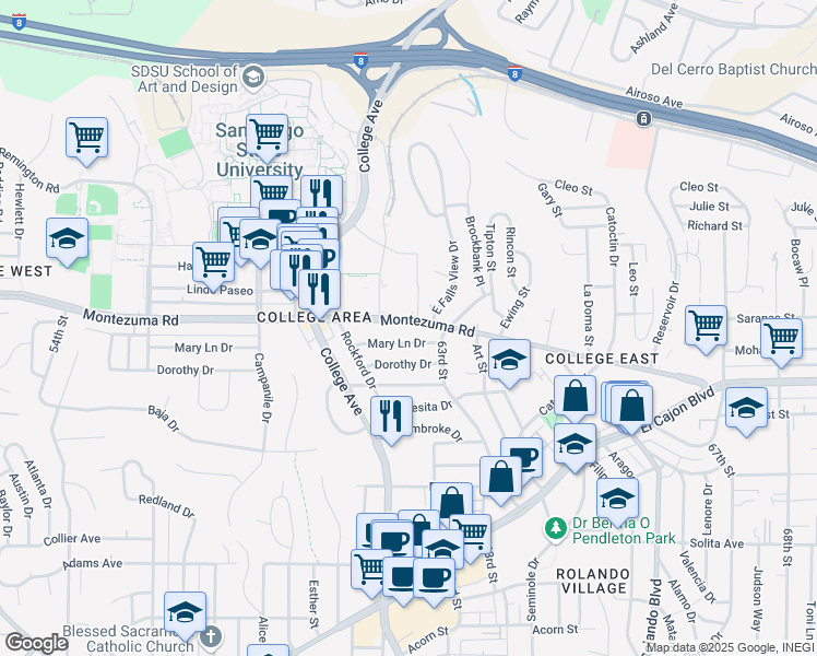 map of restaurants, bars, coffee shops, grocery stores, and more near 6219 Montezuma Road in San Diego