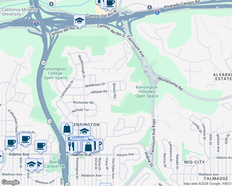 map of restaurants, bars, coffee shops, grocery stores, and more near 4301 Hilldale Road in San Diego