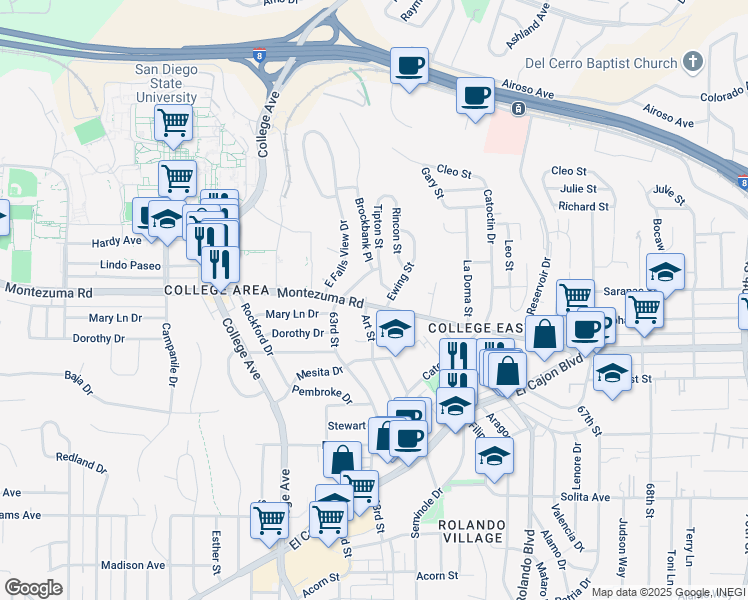 map of restaurants, bars, coffee shops, grocery stores, and more near 6330 Montezuma Road in San Diego