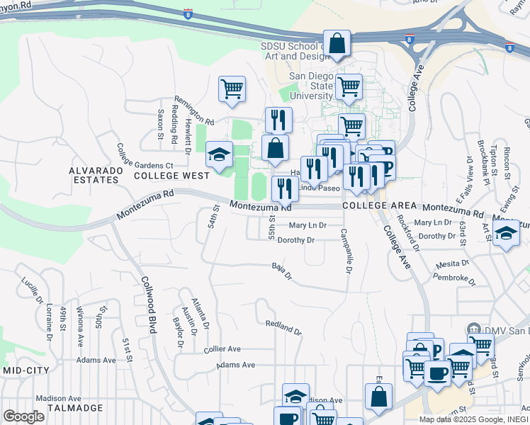 map of restaurants, bars, coffee shops, grocery stores, and more near 5486 Mary Lane Drive in San Diego