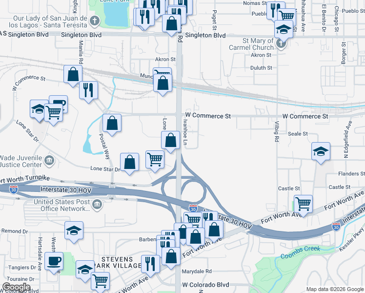 map of restaurants, bars, coffee shops, grocery stores, and more near 1903 Ivanhoe Lane in Dallas