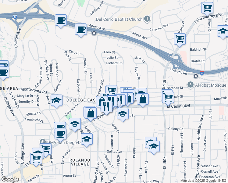 map of restaurants, bars, coffee shops, grocery stores, and more near 5040 1/2 67th Street in San Diego