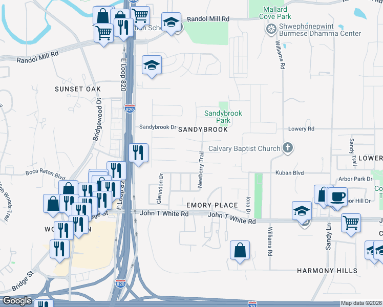 map of restaurants, bars, coffee shops, grocery stores, and more near 6962 Fallbrook Court West in Fort Worth