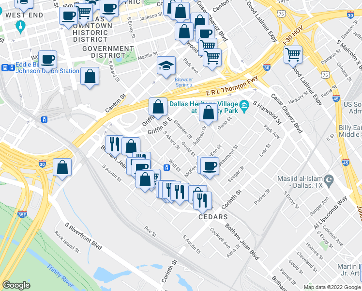 map of restaurants, bars, coffee shops, grocery stores, and more near 1406 South Akard Street in Dallas