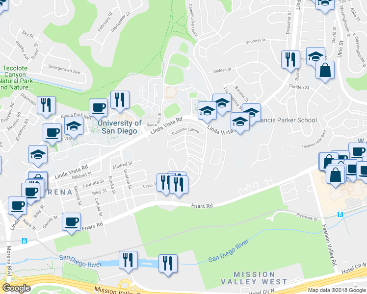 map of restaurants, bars, coffee shops, grocery stores, and more near 6266 Caminito Telmo in San Diego