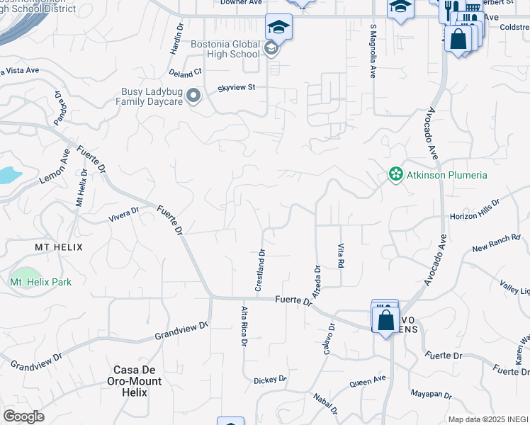 map of restaurants, bars, coffee shops, grocery stores, and more near 5025 Crestland Drive in La Mesa