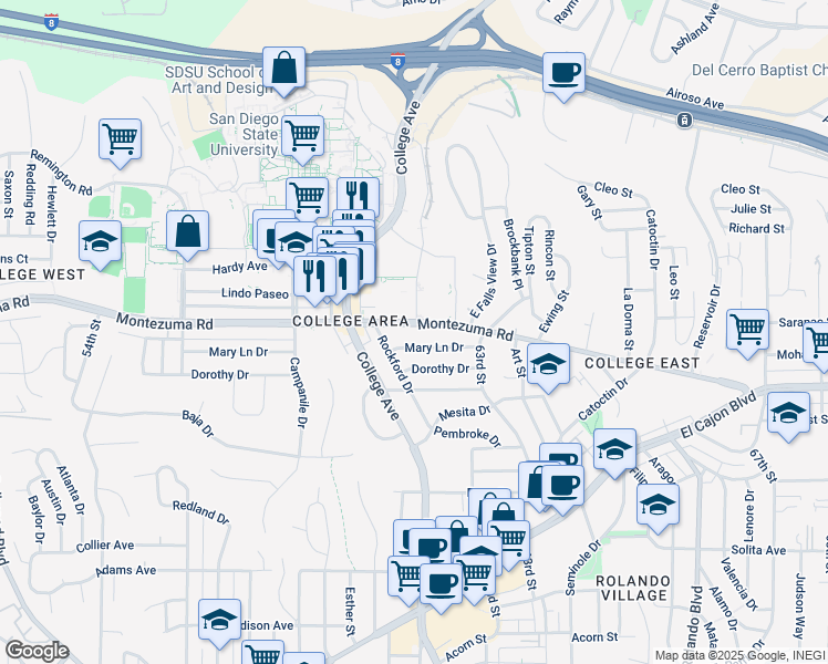 map of restaurants, bars, coffee shops, grocery stores, and more near 6159 Montezuma Road in San Diego