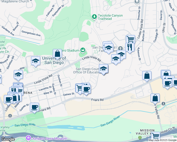 map of restaurants, bars, coffee shops, grocery stores, and more near 6266 Caminito Telmo in San Diego