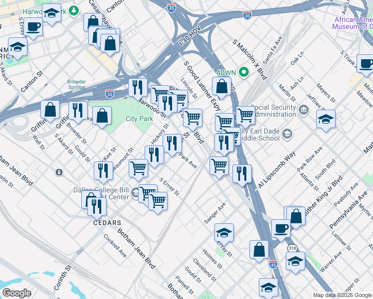map of restaurants, bars, coffee shops, grocery stores, and more near 2121 South Harwood Street in Dallas