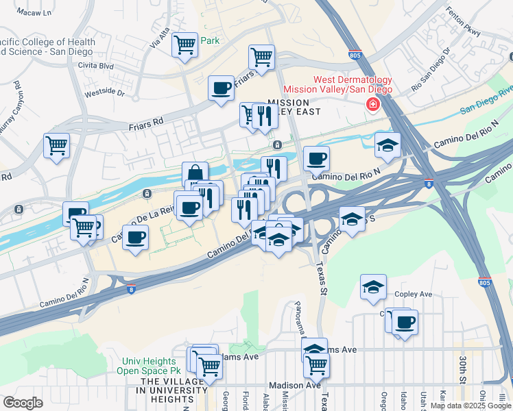 map of restaurants, bars, coffee shops, grocery stores, and more near 2019 Camino Del Este in San Diego