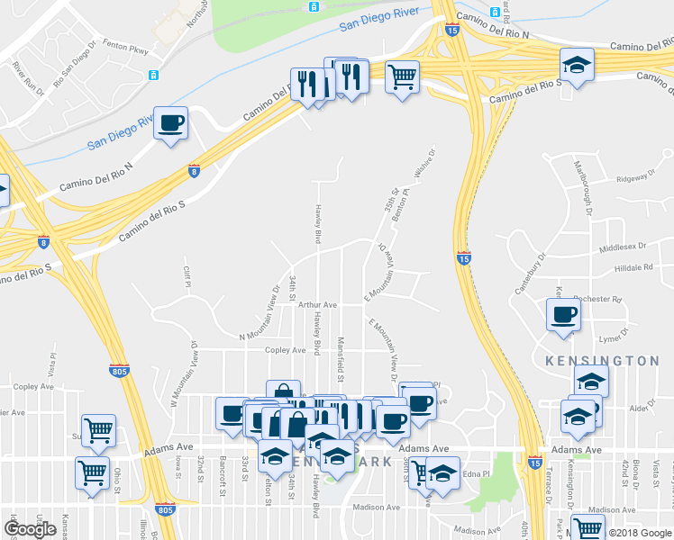 map of restaurants, bars, coffee shops, grocery stores, and more near 5070 Mansfield Street in San Diego