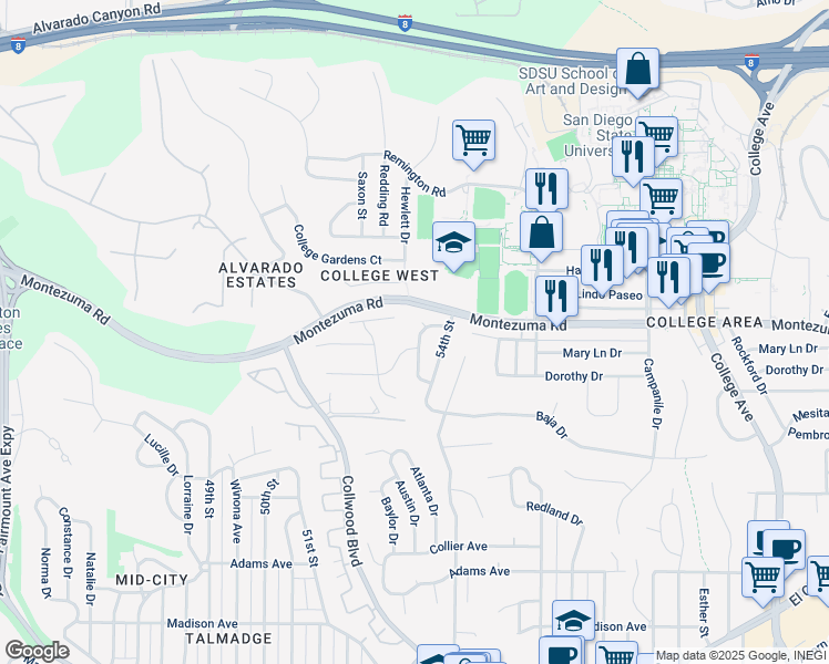 map of restaurants, bars, coffee shops, grocery stores, and more near 5056 Faber Way in San Diego