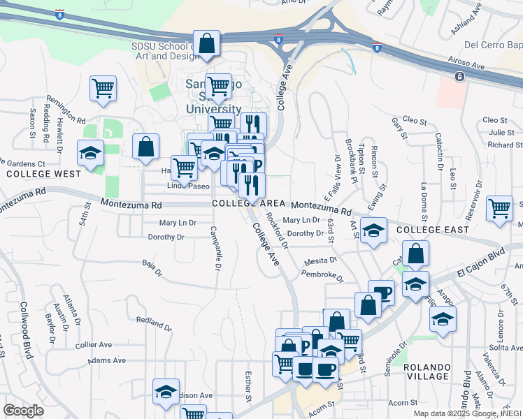 map of restaurants, bars, coffee shops, grocery stores, and more near 6055 Montezuma Road in San Diego