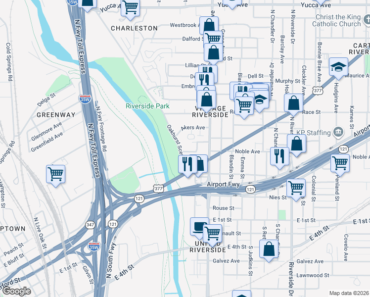 map of restaurants, bars, coffee shops, grocery stores, and more near 2407 Gillis Street in Fort Worth