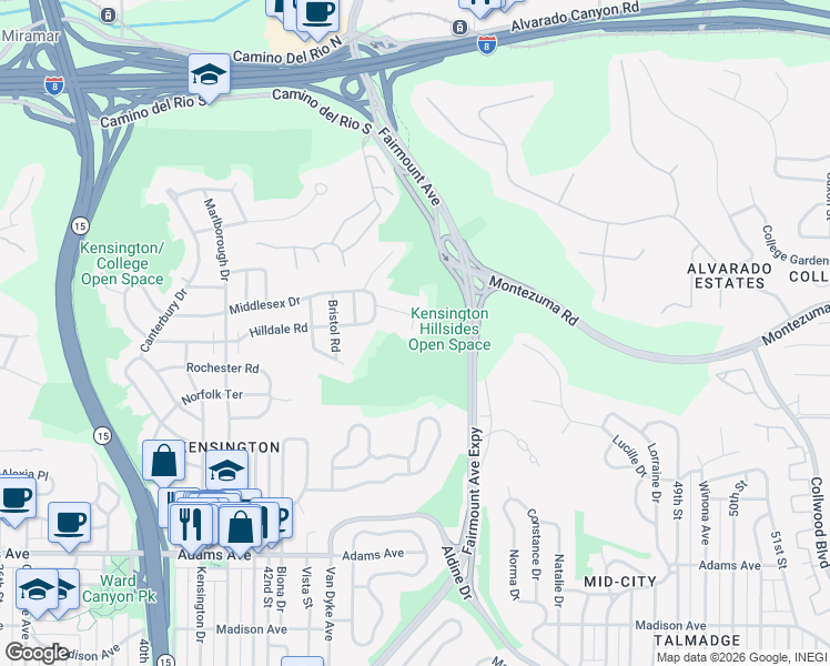 map of restaurants, bars, coffee shops, grocery stores, and more near 4470 Braeburn Road in San Diego