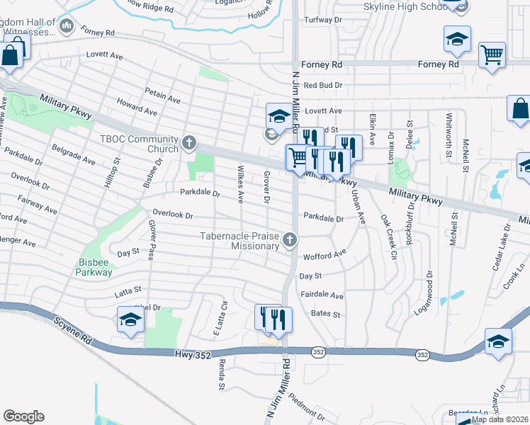 map of restaurants, bars, coffee shops, grocery stores, and more near 6834 Parkdale Drive in Dallas