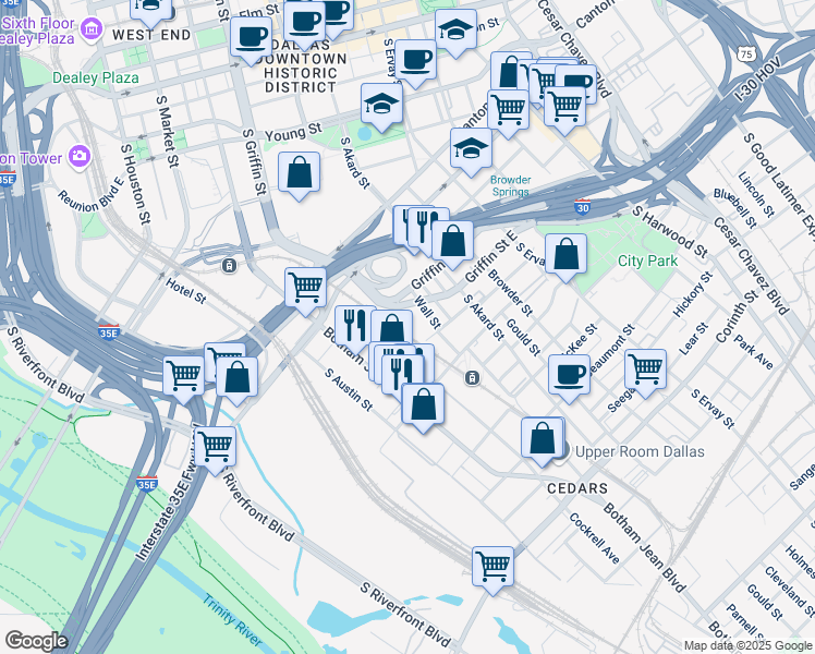 map of restaurants, bars, coffee shops, grocery stores, and more near 1105 Powhattan Street in Dallas