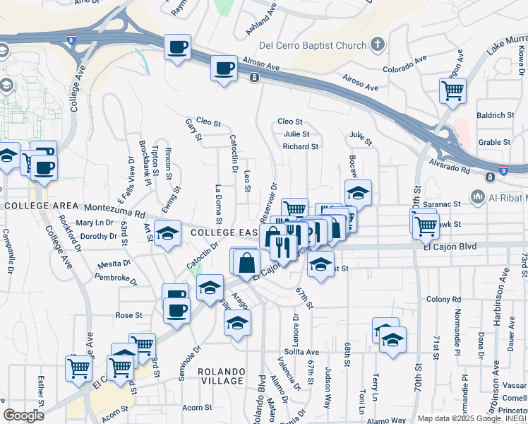 map of restaurants, bars, coffee shops, grocery stores, and more near 5091 Alumni Place in San Diego