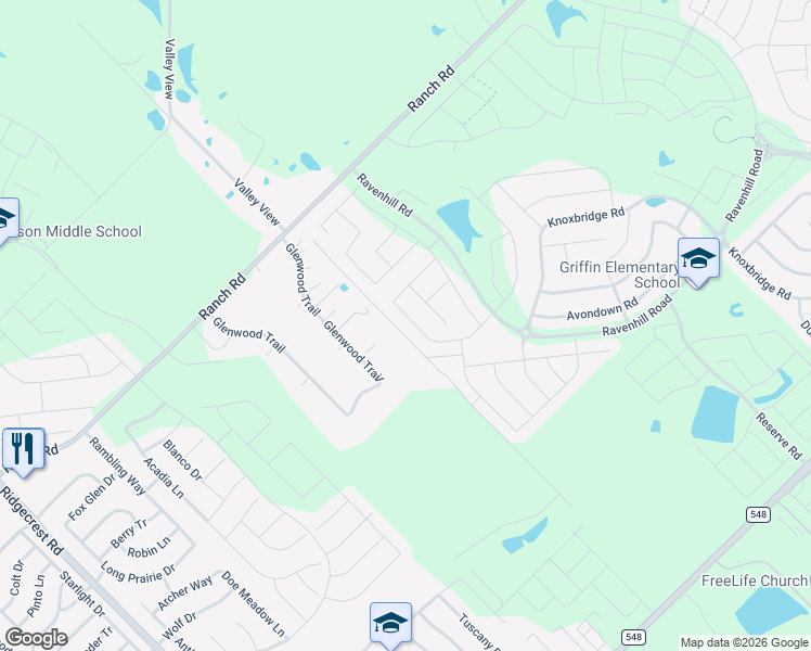 map of restaurants, bars, coffee shops, grocery stores, and more near 749 Brockwell Bend in Forney