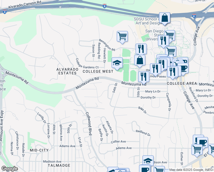 map of restaurants, bars, coffee shops, grocery stores, and more near 5056 Faber Way in San Diego