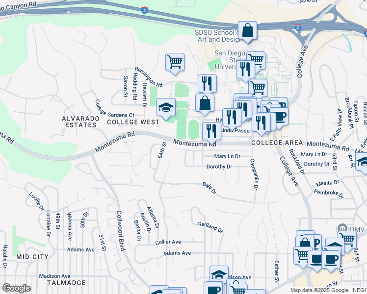 map of restaurants, bars, coffee shops, grocery stores, and more near 5438 Mary Lane Drive in San Diego