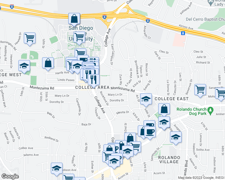 map of restaurants, bars, coffee shops, grocery stores, and more near 6181 Montezuma Road in San Diego