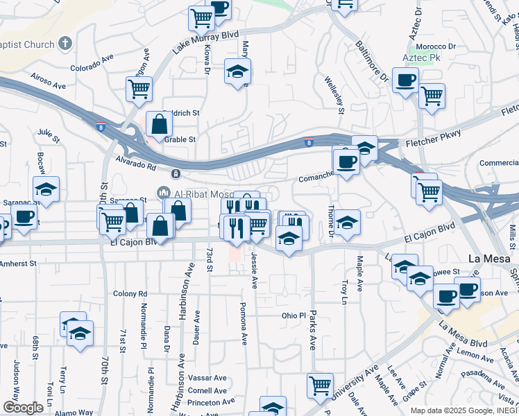 map of restaurants, bars, coffee shops, grocery stores, and more near 5050 Williams Avenue in La Mesa