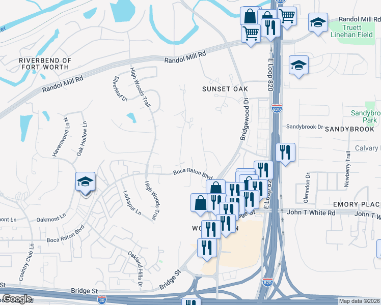 map of restaurants, bars, coffee shops, grocery stores, and more near 701 Timberview Court North in Fort Worth