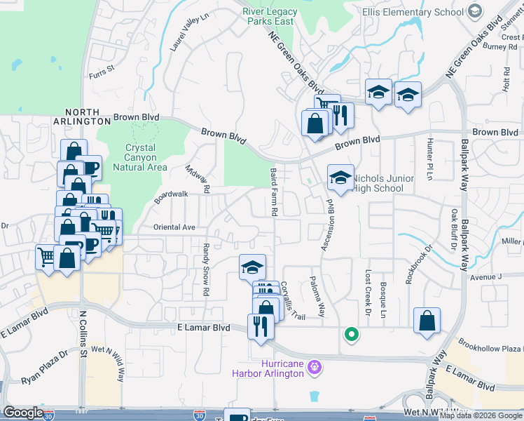 map of restaurants, bars, coffee shops, grocery stores, and more near 2202 Arbor Chase Circle in Arlington