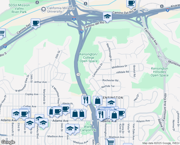 map of restaurants, bars, coffee shops, grocery stores, and more near 4033 South Hempstead Circle in San Diego