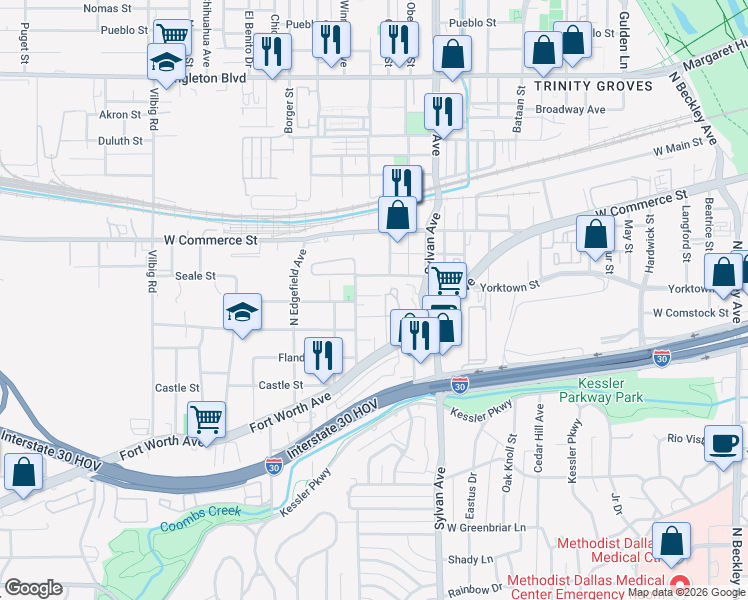 map of restaurants, bars, coffee shops, grocery stores, and more near 1010 Stafford Street in Dallas
