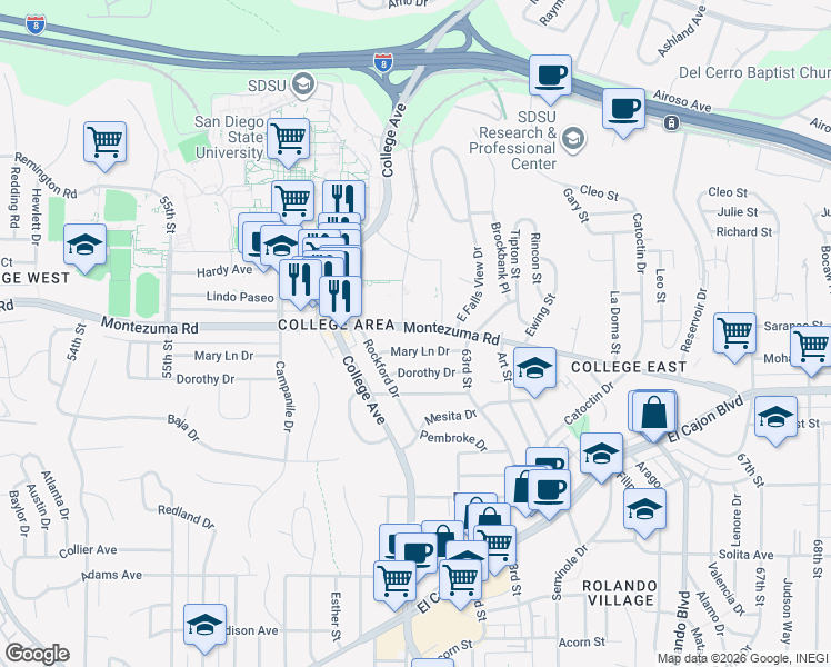 map of restaurants, bars, coffee shops, grocery stores, and more near 6219 Montezuma Road in San Diego