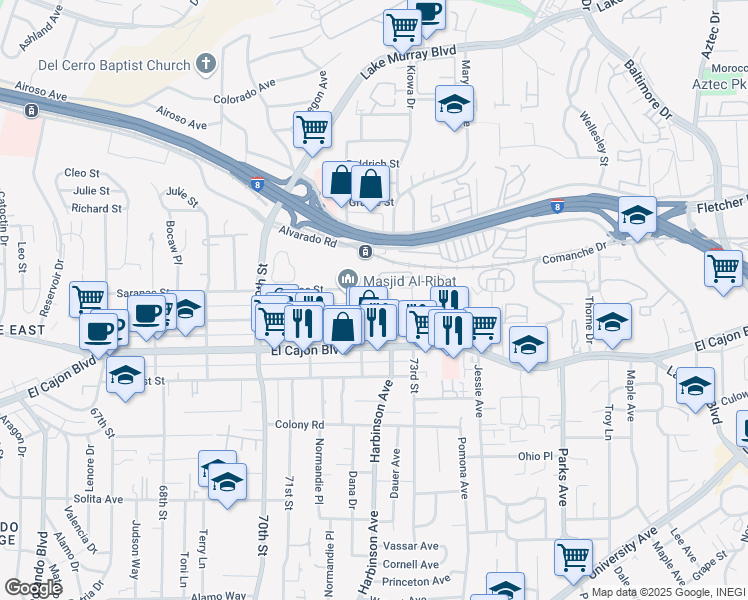 map of restaurants, bars, coffee shops, grocery stores, and more near 7223 Saranac Street in La Mesa