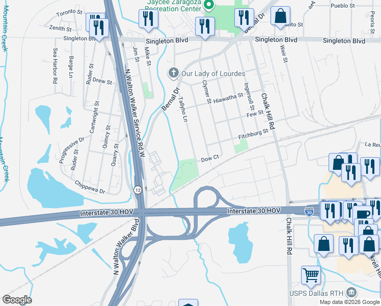 map of restaurants, bars, coffee shops, grocery stores, and more near 2319 Tallyho Lane in Dallas