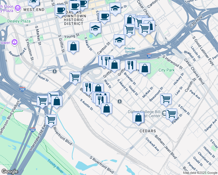 map of restaurants, bars, coffee shops, grocery stores, and more near 1117 Powhattan Street in Dallas