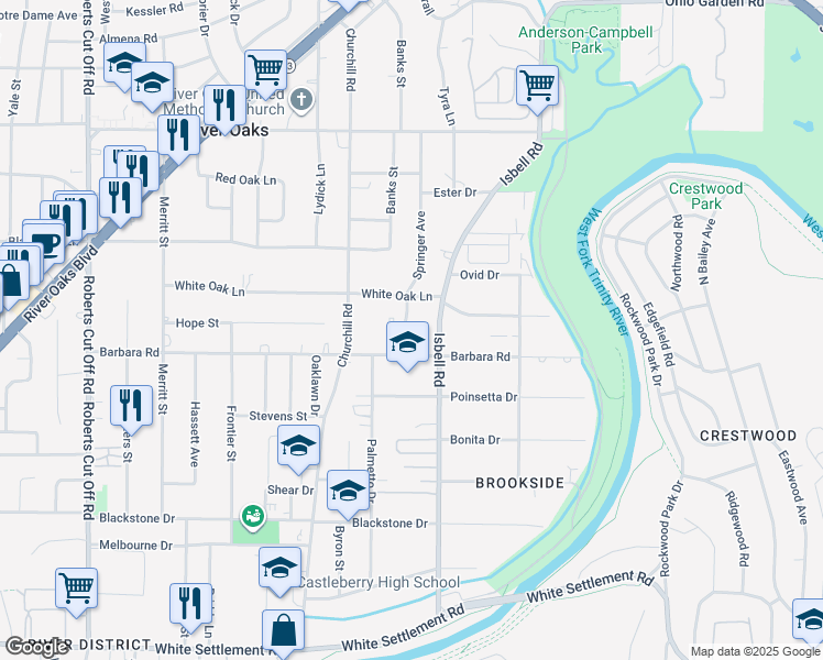map of restaurants, bars, coffee shops, grocery stores, and more near 716 Springer Avenue in River Oaks