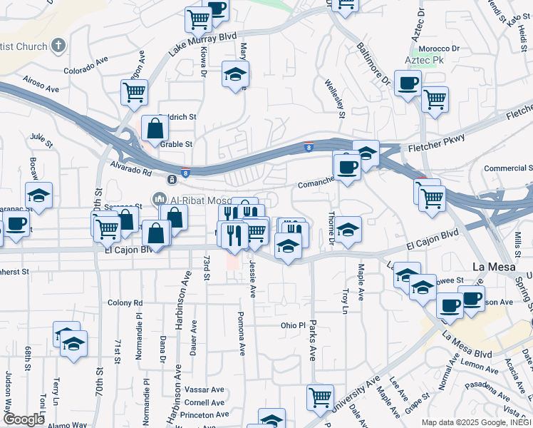 map of restaurants, bars, coffee shops, grocery stores, and more near 5050 Williams Avenue in La Mesa
