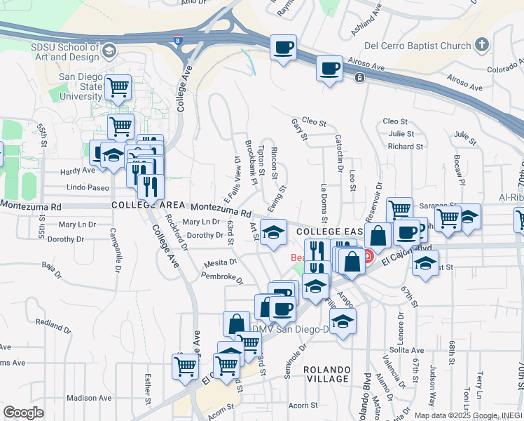 map of restaurants, bars, coffee shops, grocery stores, and more near 6330 Montezuma Road in San Diego