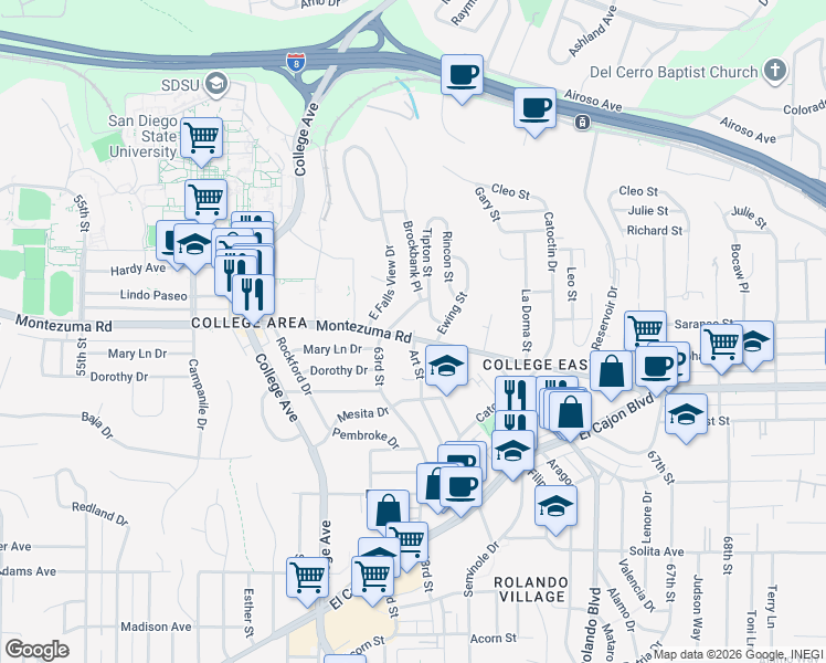map of restaurants, bars, coffee shops, grocery stores, and more near 6330 Montezuma Road in San Diego