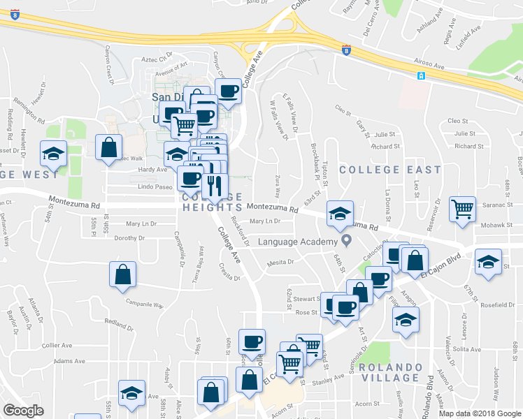 map of restaurants, bars, coffee shops, grocery stores, and more near 6219 Montezuma Road in San Diego