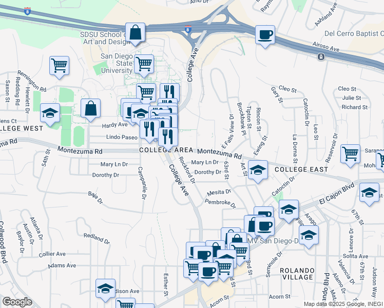 map of restaurants, bars, coffee shops, grocery stores, and more near 6149 1/2 Montezuma Road in San Diego