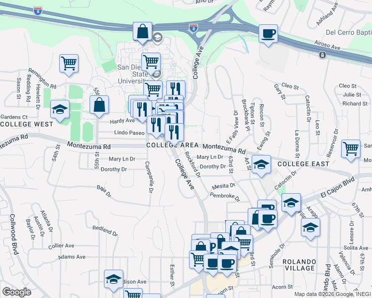 map of restaurants, bars, coffee shops, grocery stores, and more near 6055 Montezuma Road in San Diego